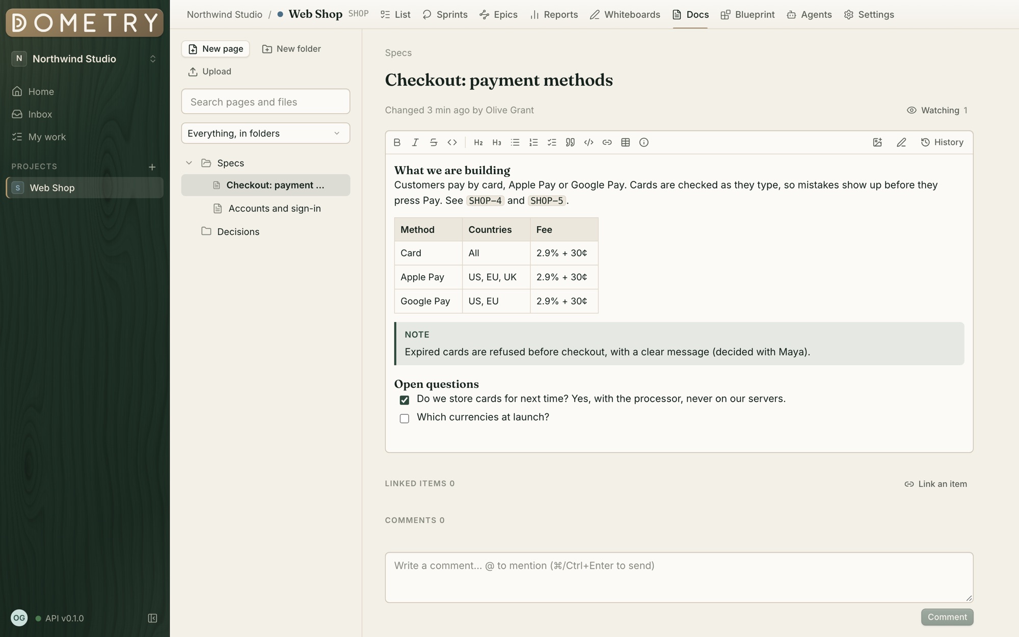 A spec page in Dometry with a table of payment methods, a note and a checklist, beside the Docs tree.